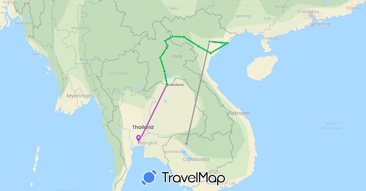 TravelMap itinerary: driving, bus, plane, train in Cambodia, Laos, Thailand, Vietnam (Asia)